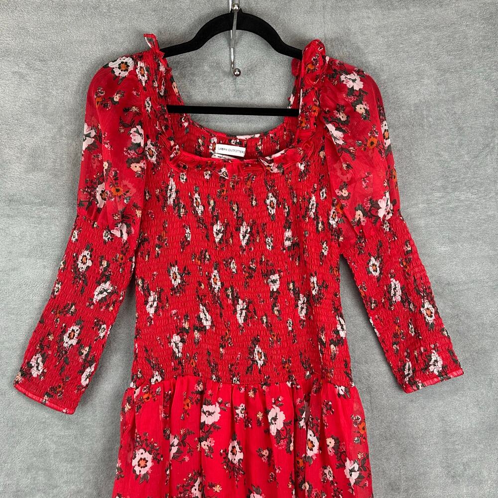 Urban Outfitters Dress Womens Small Red Floral Smocked Maxi Cottagecore Peasant - Picture 3 of 14